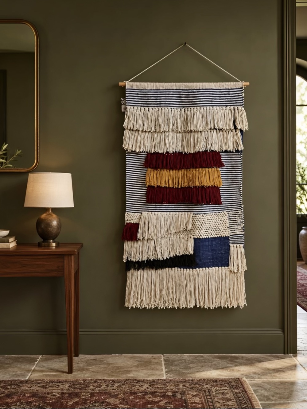 Artisan Market Boho Woven Wall Hanging Navy Burgundy Cotton Fringe Tapestry NWT